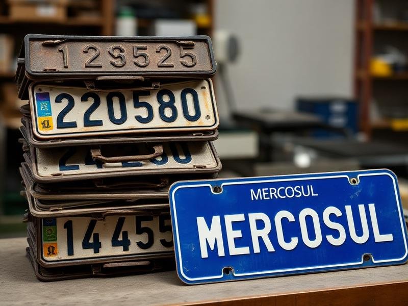 Placas antigas ao lado de uma placa Mercosul nova